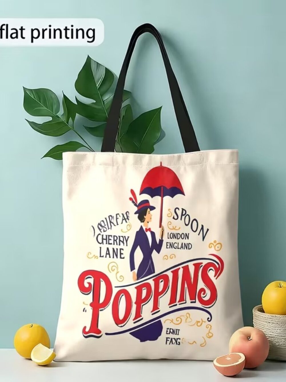 Mary Poppins Umbrella Cherry Lane Print Shoulder Bag, Reusable Shopping Bag